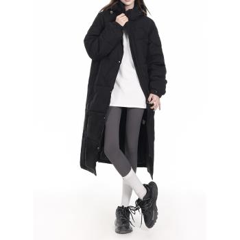 黑色韓版中長款羽絨棉服女2024冬加厚保暖百搭寬松連帽棉服外套