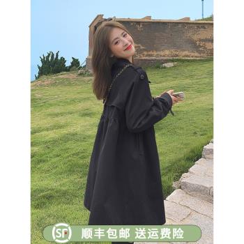 黑色娃娃領風衣女中長款春秋2024年新款韓版寬松小個子雙排扣外套