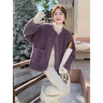 奶乎乎紫色皮毛一體羊羔毛外套女秋冬2025新款設計感短款小眾流行