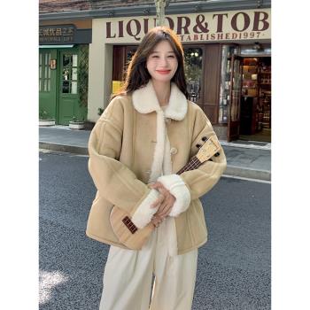 卡其色仿羊羔毛外套女冬2024新款韓系小個子寬松加厚皮毛一體上衣