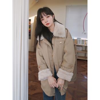 卡其色大毛領派克服女冬季2024新款ins港風加絨加厚工裝棉衣外套