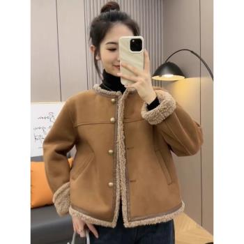 皮毛一體外套女裝2023冬季新款韓版小個子羊羔毛加厚短款圓領上衣