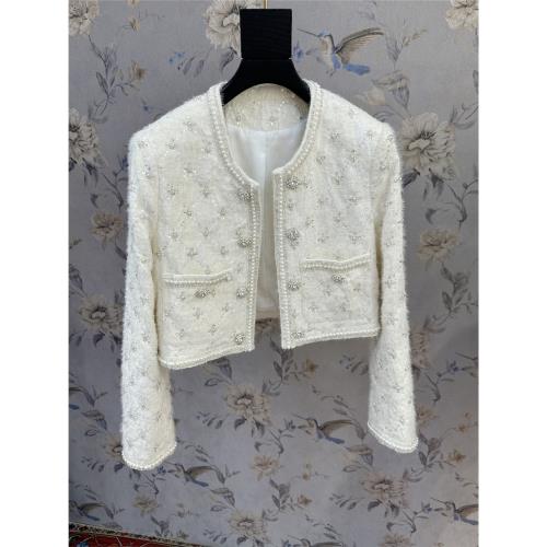 歐洲站2025春秋高定女裝毛呢手工釘珠水鉆珍珠名媛小香風短款外套