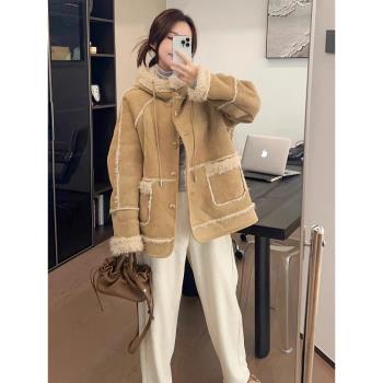 皮毛一體羊羔毛外套女冬季寬松加絨加厚連帽棉服鹿皮絨保暖大衣潮