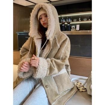連帽皮毛一體羊羔毛外套女冬季寬松兩面穿加厚保暖鹿皮絨棉服大衣