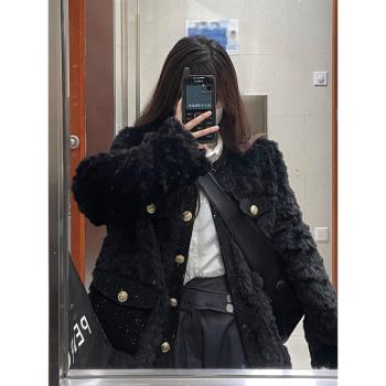 黑色小香風羊羔毛絨絨外套女冬季法式高階感夾棉加厚短款夾克上衣