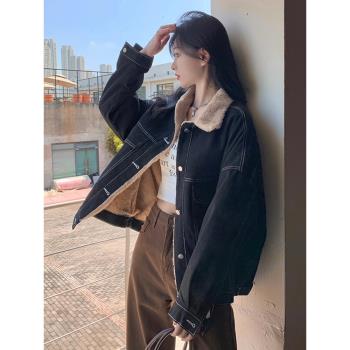 羊羔毛黑色牛仔外套女秋冬季復古港風小個子加絨加厚工裝夾克上衣