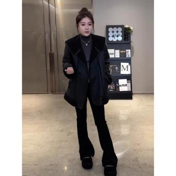 琪琪大碼時尚翻領中長款皮毛一體毛呢外套女冬季胖mm寬松顯瘦上衣