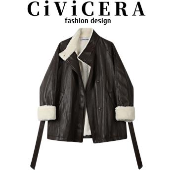 CIVICERA復古百搭加絨機車服皮衣女冬立領中長款外套皮毛一體大衣