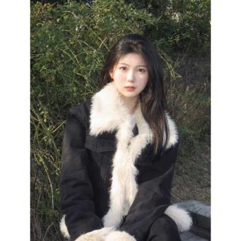高階感羊羔毛牛仔短外套女冬季韓版寬松小個子毛茸茸夾棉加厚棉服