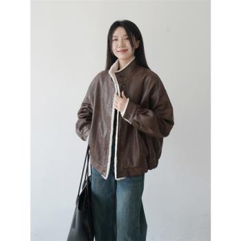 保暖加絨加厚復古皮衣女冬季新款羊羔毛外套美拉德寬松夾克機車服