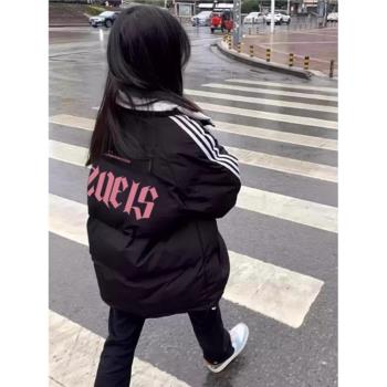 黑色立領字母印花羽絨棉服外套女秋冬季寬松保暖夾棉三條槓麵包服