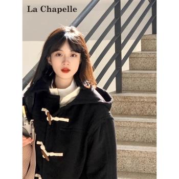 拉夏貝爾牛角扣黑色連帽大衣女秋冬新款中長款小個子學院外套加厚