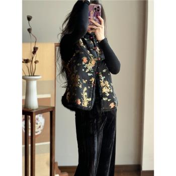 起源學秋冬新中式外套國風刺繡水貂毛醋酸繡花馬甲女加棉盤扣上衣