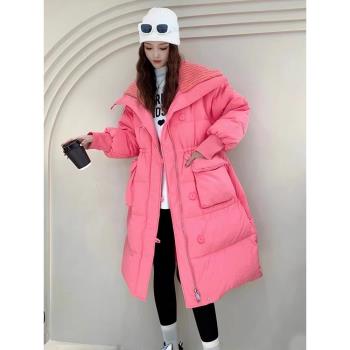歐洲站外翻領羽絨服女中長款過膝收腰加厚時尚2023年冬季新款外套