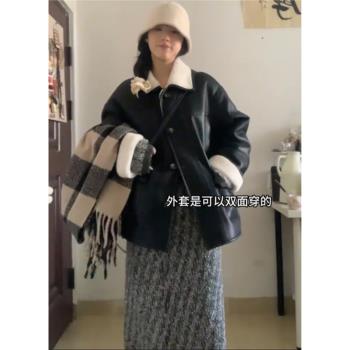 黑色羊羔毛外套女2024年新款女秋冬季獨特超好看短款羊羔絨小個子
