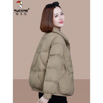 啄木鳥短款女士羽絨服2024新款冬季薄款中年媽媽寬松保暖立領外套