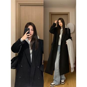 黑色大衣外套女秋冬季高階感風衣小個子毛呢加厚呢子深秋初冬穿搭
