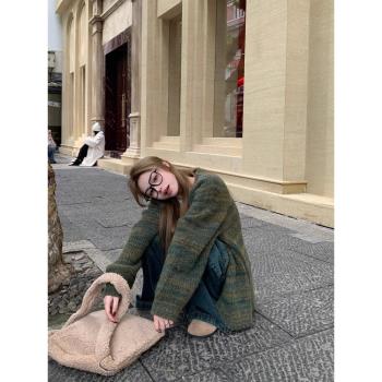 綠色毛衣開衫外套女秋冬季韓系設計感小眾高階感慵懶風加厚針織衫