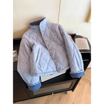 韓版小眾藍色燈芯絨翻領棉服女秋冬減齡設計感寬松保暖夾棉外套潮