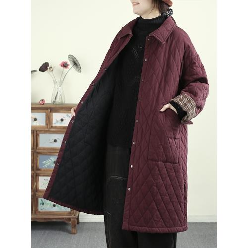 千秋飛燕文藝復古菱形格棉衣女冬季中長款翻領格子拼接袖棉服外套