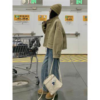卡其色麂皮絨皮毛一體外套女2024冬新款韓系chic休閑加絨夾克爆款