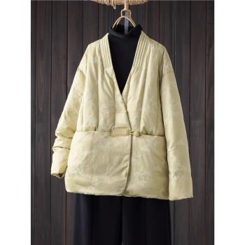 冬季高階中式國風90白鴨絨羽絨服女V領時尚保暖復古盤扣提花外套