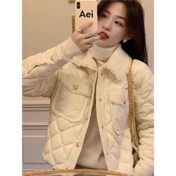 小香風菱格羽絨棉服女冬季輕薄夾棉外套小個子白色小棉襖短款棉衣