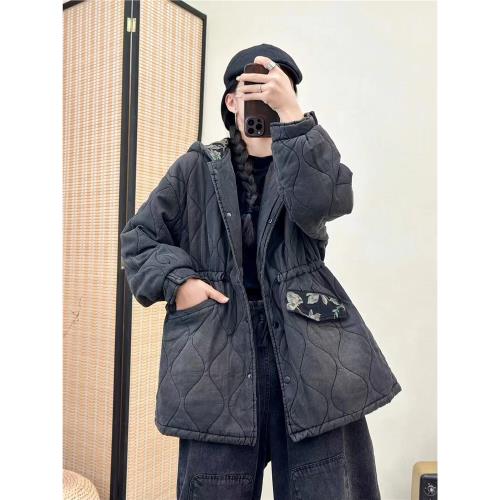 大菱格連帽天絲牛仔休閑中長款棉服外套復古文藝加厚寬松棉衣M11#