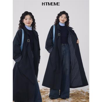 花田櫥窗HTmeme 新格調 韓系拼接條紋長款風衣外套女秋高個子大衣