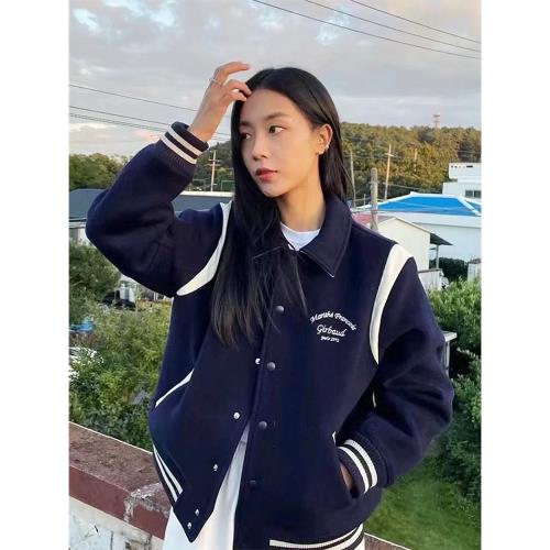 韓國marithe夾克棒球服2024秋冬外套女毛呢寬松長袖情侶開衫男潮