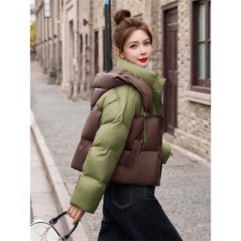 獨特超好看撞色九江羽絨服女短款2024冬裝歐貨寬松洋氣麵包服外套