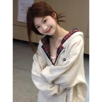 格子開衫連帽衛衣女小個子秋冬美式復古潮牌港風chic拉鏈外套寬松