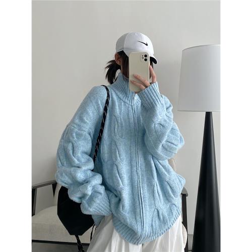 【清倉價】藍色獨特麻花拉鏈開衫毛衣女外穿休閑慵懶風針織外套
