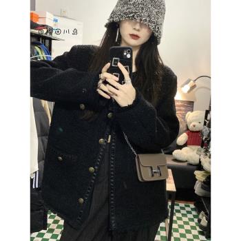 黑色小香風短外套女秋冬季韓版高階感氣質寬松粗花呢夾克上衣開衫