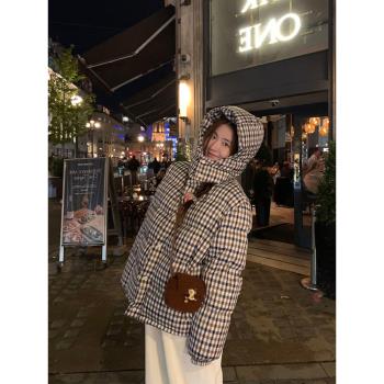 韓版休閑格紋白鴨絨連帽羽絨服女冬季新款保暖加厚麵包服外套上衣
