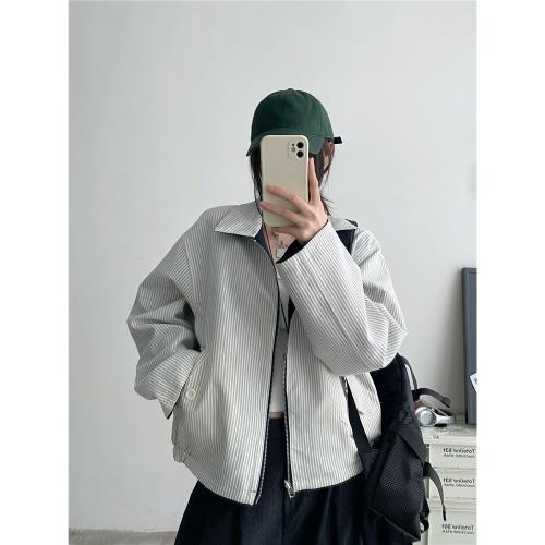 sun柚 2025春秋季新款翻領條紋夾克雙面穿長袖寬松短款外套上衣服