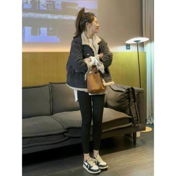 歐貨復古羊羔毛牛仔外套女冬季寬松兩面穿加絨加厚棉衣派克服上衣