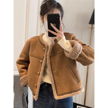 小香風皮毛一體短款外套女冬季小個子寬松羊羔毛加厚保暖夾克上衣