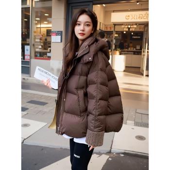 歐貨咖色羽絨棉服女冬2024新款高階感超好看羊羔毛領棉衣厚外套潮