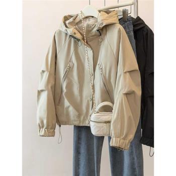 大碼夾棉加厚寬松棒球服沖鋒衣外套春季胖mm顯瘦高級連帽夾克上衣