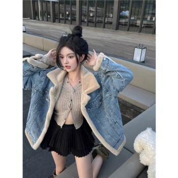 兩面穿羊羔毛絨牛仔外套女冬季復古寬松翻領加絨加厚棉衣派克服潮