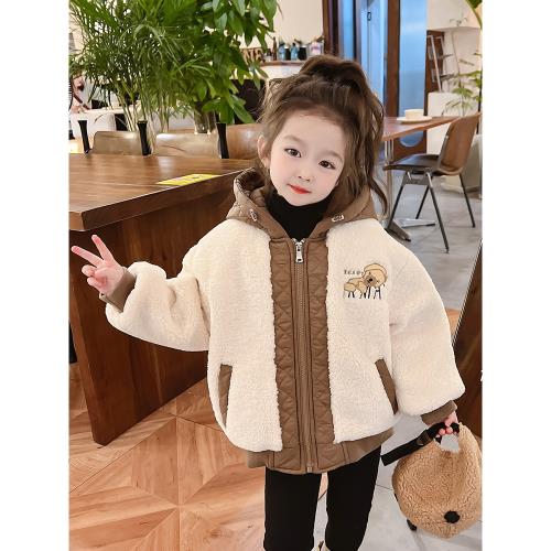 女小童秋冬季連帽毛毛衣外套洋氣小女孩冬裝卡通夾棉加厚保暖棉衣