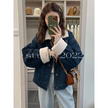 羊羔毛牛仔外套女冬韓版寬松翻領小個子休閑百搭加絨加厚夾克上衣