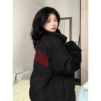 黑色美式立領棉服女冬季2025新款加厚夾棉羽絨服外套寬松保暖棉衣