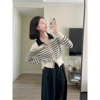 法式polo領條紋開衫毛衣外套女早春秋季新款短款打底針織上衣冬季