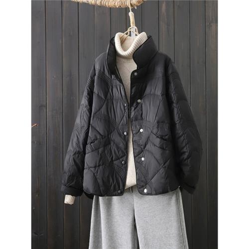 立領黑色短款羽絨服女2024冬季新款輕薄羽絨外套按扣鴨絨襖上衣