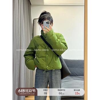 綠色立領加厚短款棉服外套女冬季美式復古寬松百搭長袖棉衣ins潮