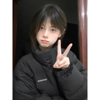 chic簡約字母黑色立領羽絨棉服女冬季新款bf街頭風加厚麵包服外套