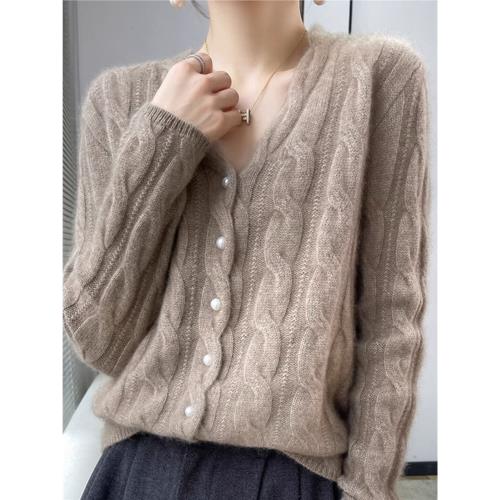 重磅麻花100%羊絨開衫女23秋冬寬松短款針織衫珍珠扣加厚毛衣外套